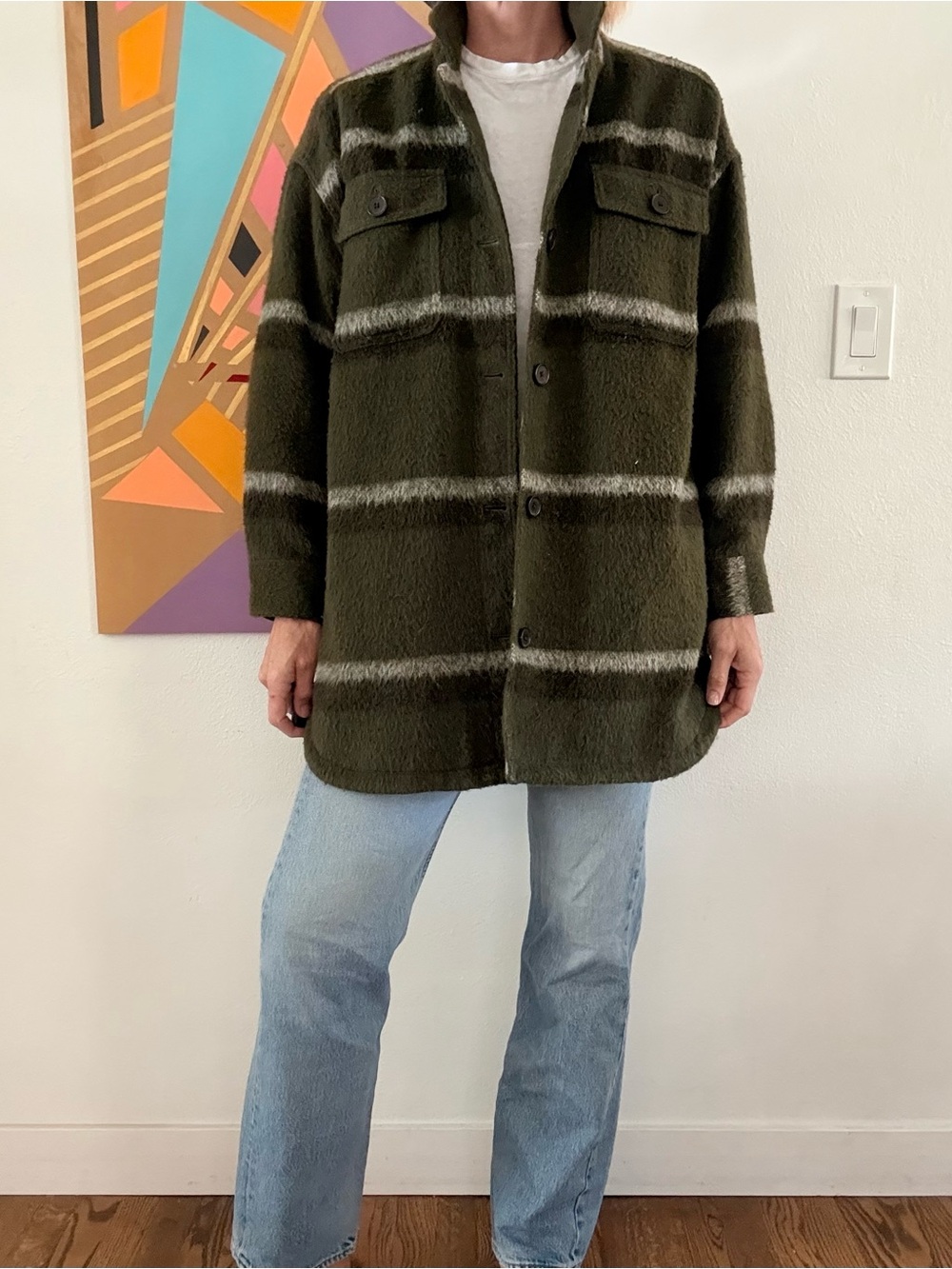 Old Navy Oversized Olive Green Plaid Shacket Jacket